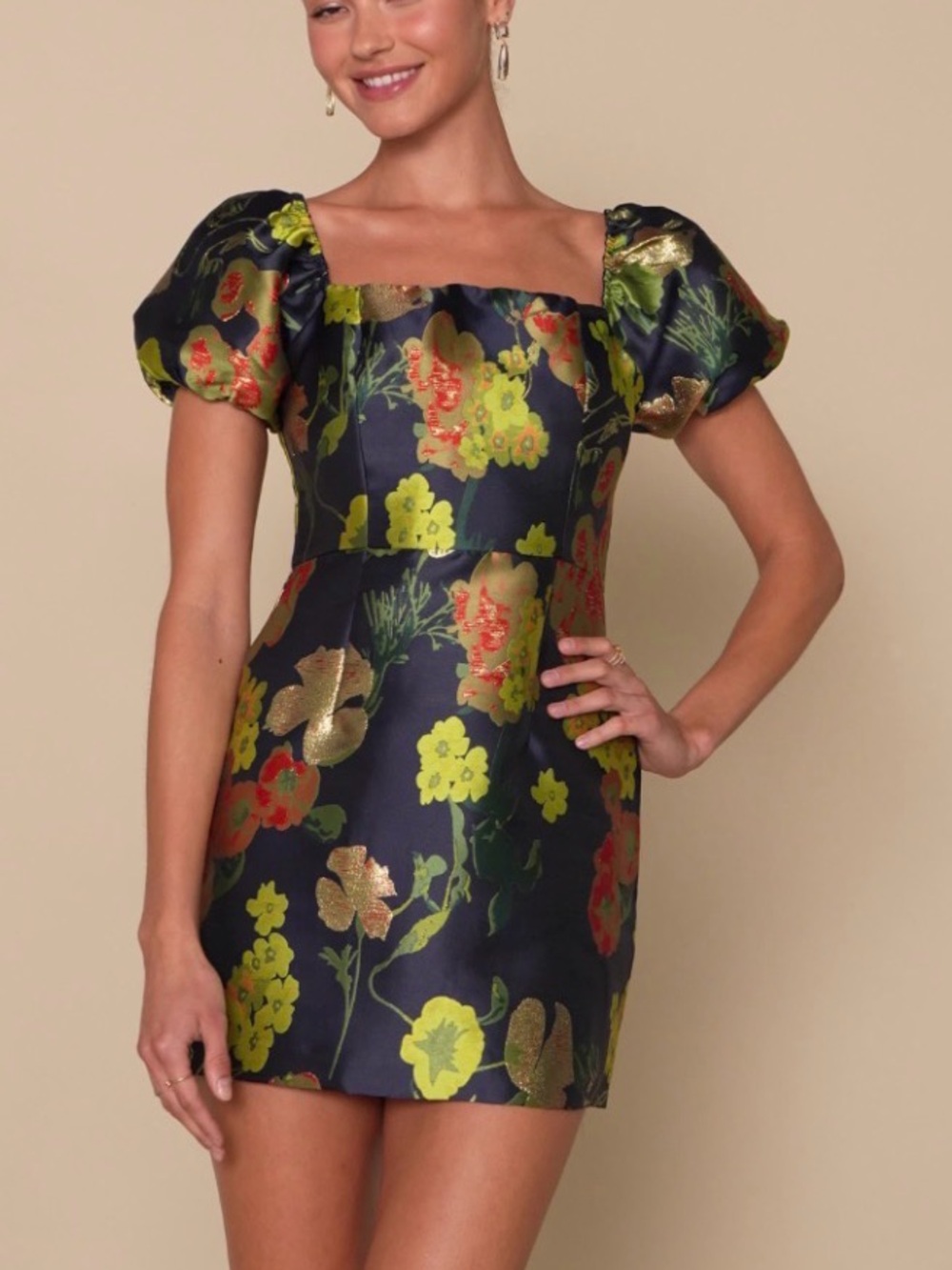 Lulu's So Stunning Navy Blue Floral Jacquard Puff Sleeve Mini Dress